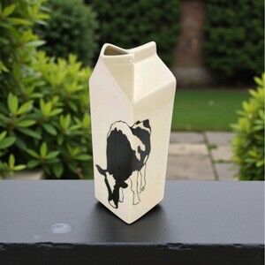 Vintage Cow Milk Carton Pitcher 1984 Margo Ceramic Farmhouse Jug Cottage Vase